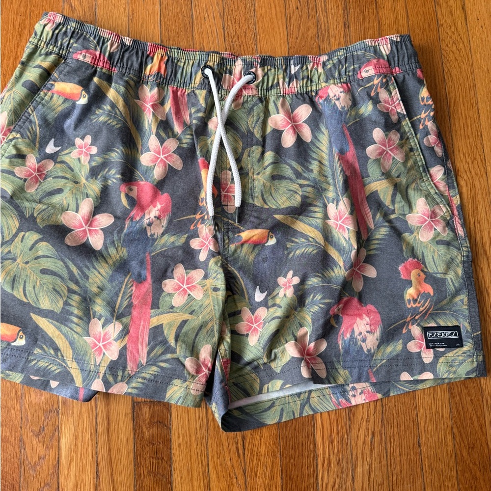 Ezekiel Tropical Floral Drawstring Swim Shorts — Charcoal, Olive & Coral